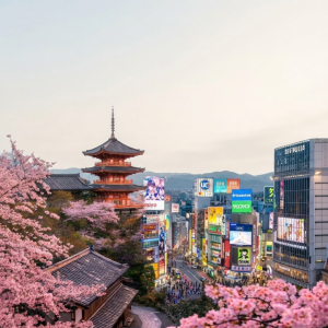 Grupo de viaje a Japón durante la temporada de floración de los cerezos Sakura en marzo de 2027 con Panama Tucan Travel.
